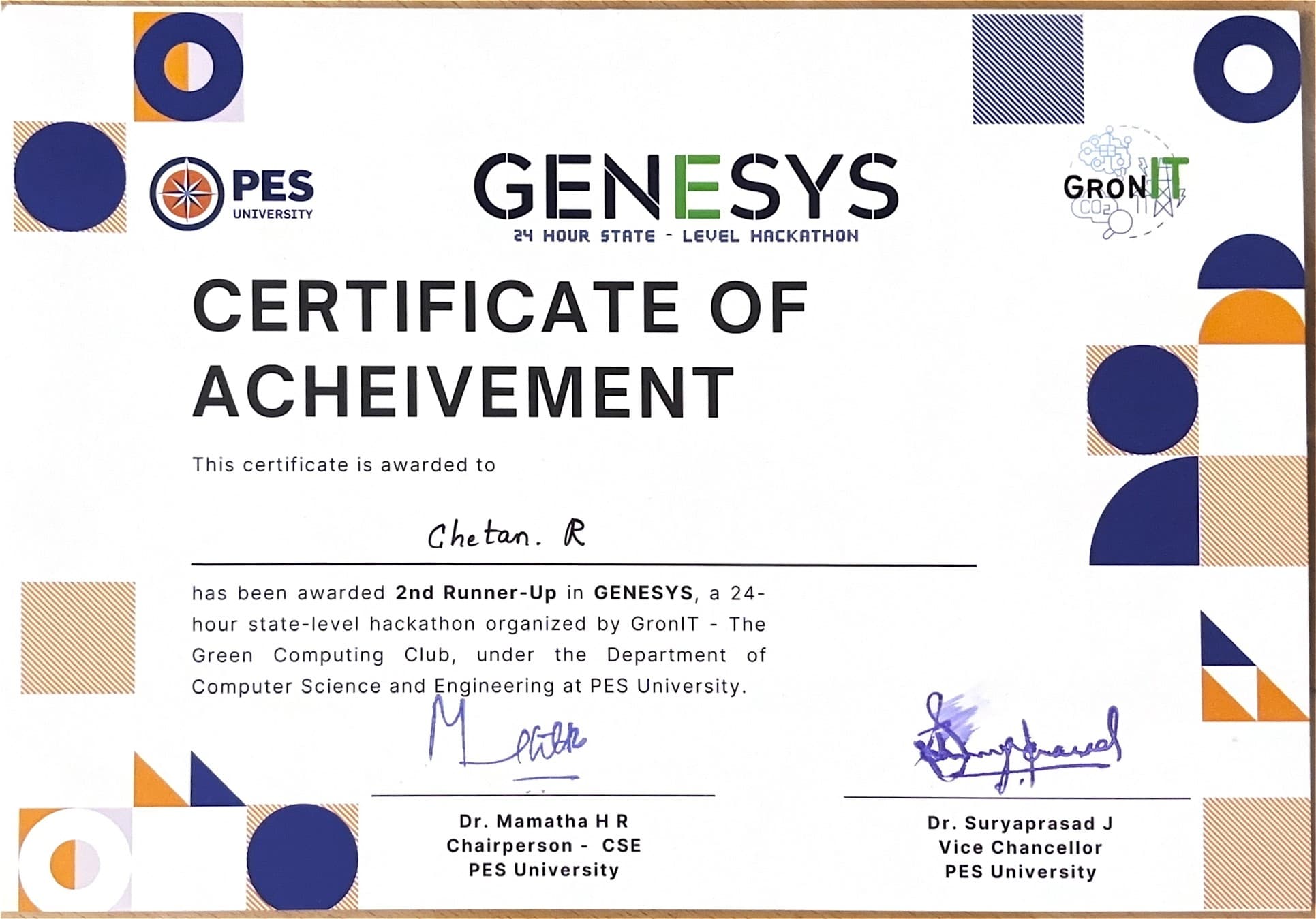 2nd Runner-up - PES University Hackathon